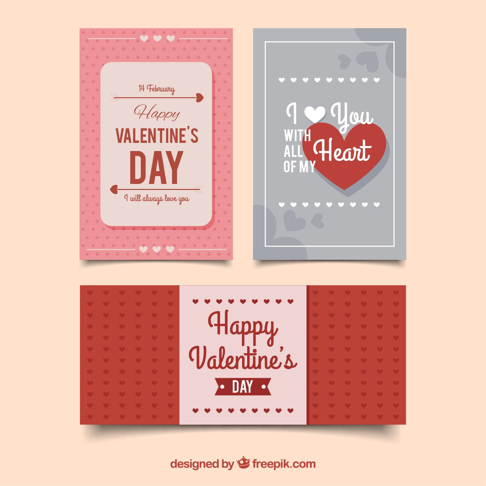 Three happy valentine’s day cards in retro design